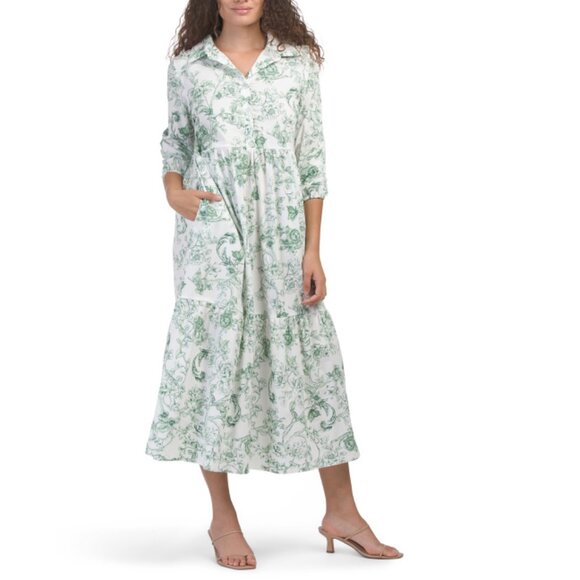 RACHEL ZOE IVORY/SAGE Toile Printed Maxi Shirt Dress - Picture 1 of 2
